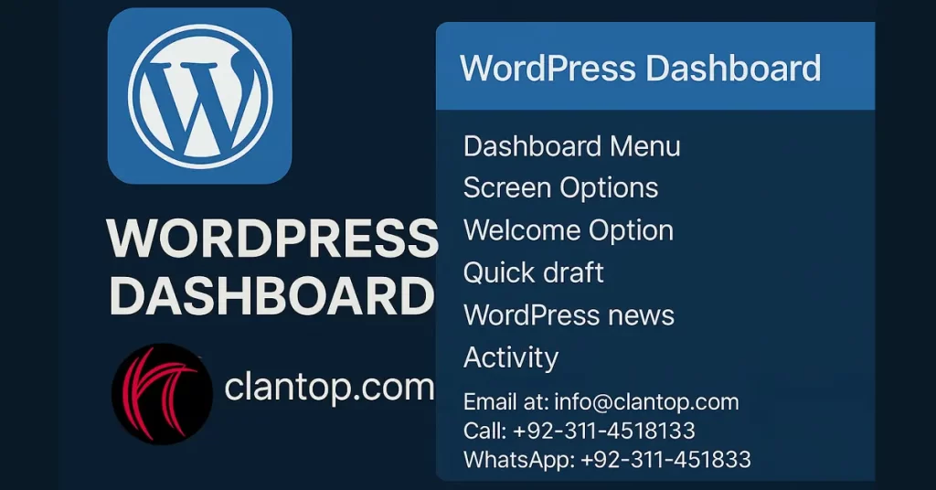 WordPress Dashboard interface screenshot with menu, quick draft, and activity tools – presented by ClanTop digital marketing agency.