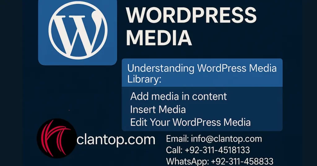 WordPress Media Library interface showing how to add, edit, and insert images and videos in posts or pages.
